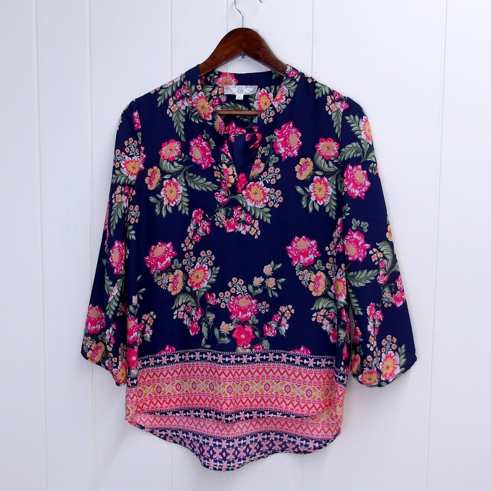 Pink Rose Vintage Navy Floral Print Blouse Top Womens Size S / #7245